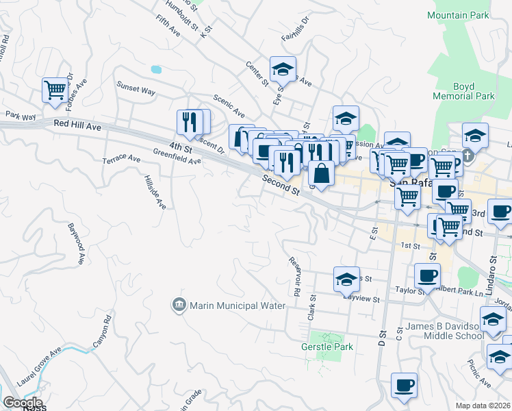 map of restaurants, bars, coffee shops, grocery stores, and more near 24 Fremont Road in San Rafael