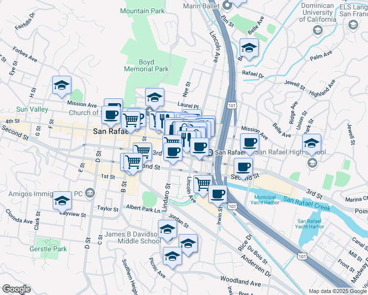 map of restaurants, bars, coffee shops, grocery stores, and more near 823 4th Street in San Rafael