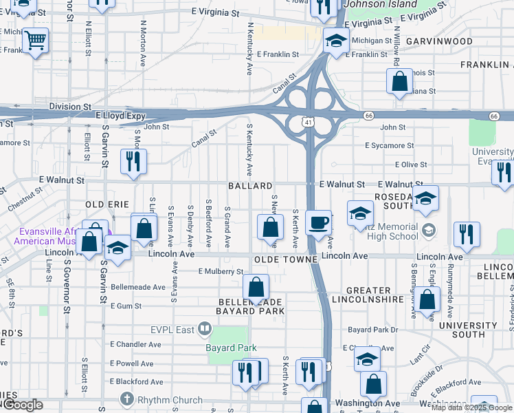 map of restaurants, bars, coffee shops, grocery stores, and more near 428 South Kentucky Avenue in Evansville