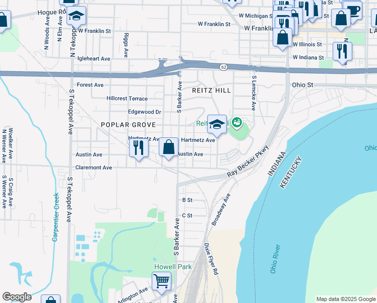 map of restaurants, bars, coffee shops, grocery stores, and more near 2809 Austin Avenue in Evansville