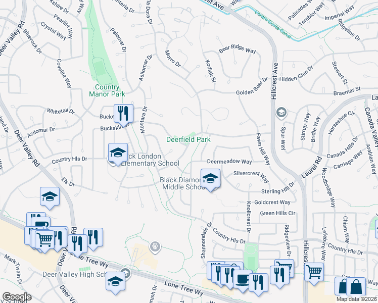 map of restaurants, bars, coffee shops, grocery stores, and more near 4452 Deerfield Dr in Antioch