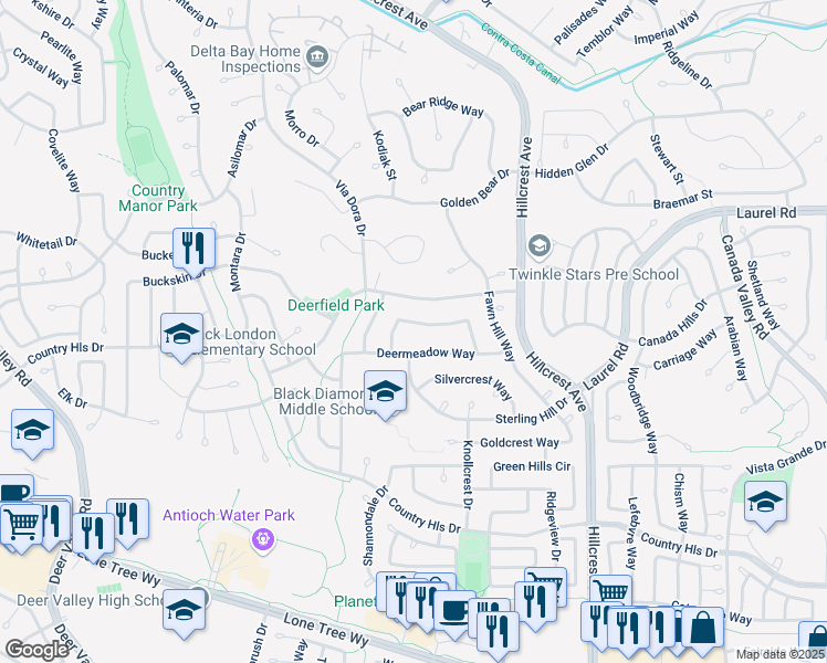 map of restaurants, bars, coffee shops, grocery stores, and more near 4546 Fieldcrest Way in Antioch