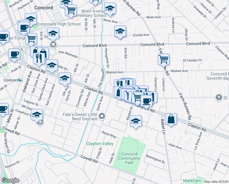 map of restaurants, bars, coffee shops, grocery stores, and more near 1506 Grove Way in Concord