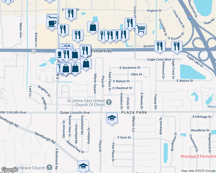 map of restaurants, bars, coffee shops, grocery stores, and more near 409 Park Plaza Drive in Evansville
