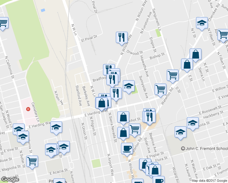 map of restaurants, bars, coffee shops, grocery stores, and more near 1701 N Wilson Way in Stockton