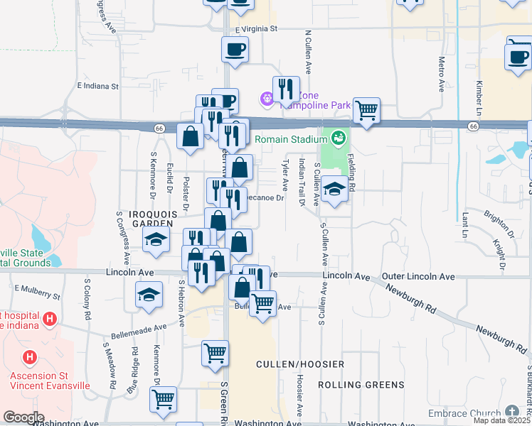 map of restaurants, bars, coffee shops, grocery stores, and more near 4963 Tippecanoe Drive in Evansville