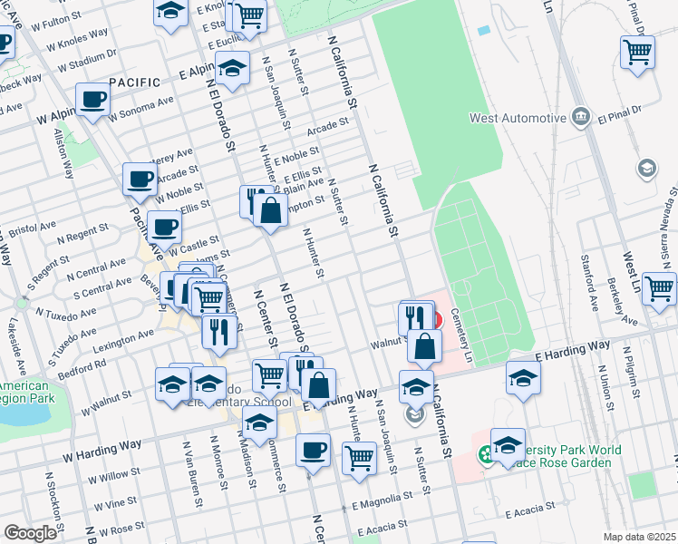 map of restaurants, bars, coffee shops, grocery stores, and more near 225 East Wyandotte Street in Stockton