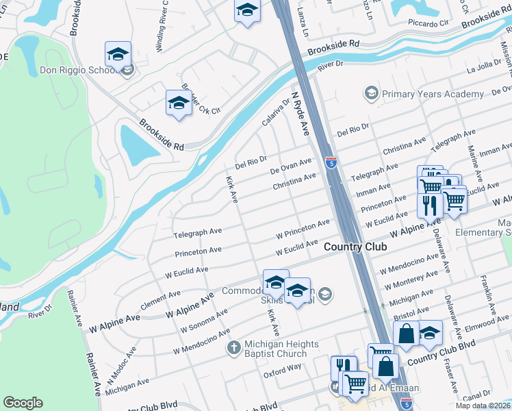 map of restaurants, bars, coffee shops, grocery stores, and more near 2925 Telegraph Avenue in Stockton