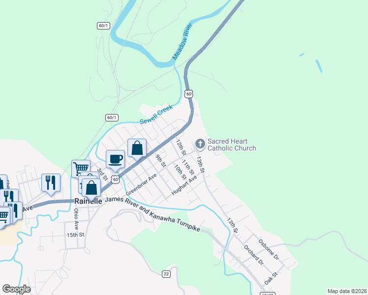 map of restaurants, bars, coffee shops, grocery stores, and more near 278 12th Street in Rainelle