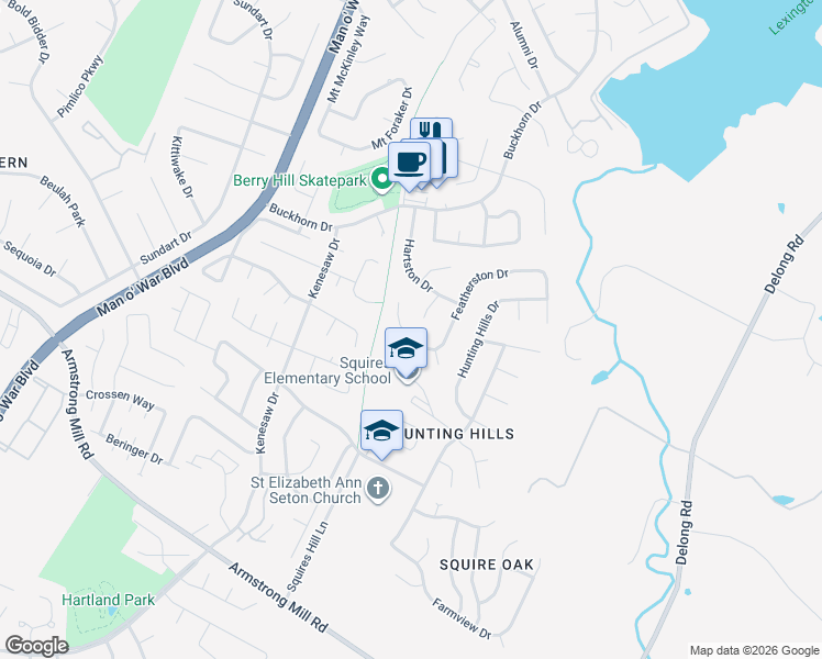 map of restaurants, bars, coffee shops, grocery stores, and more near 3417 Featherston Drive in Lexington