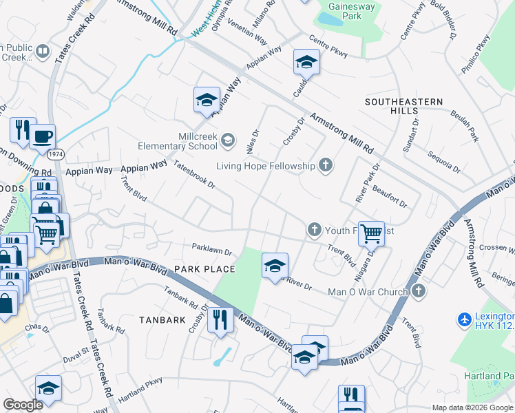 map of restaurants, bars, coffee shops, grocery stores, and more near 3693 Crosby Drive in Lexington