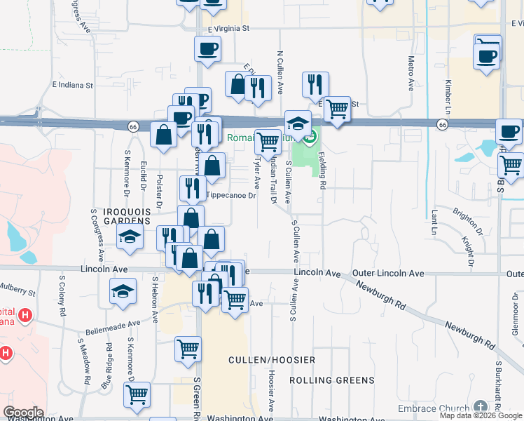 map of restaurants, bars, coffee shops, grocery stores, and more near 412 Tyler Ave in Evansville