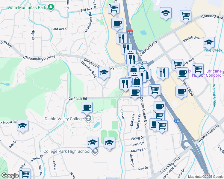 map of restaurants, bars, coffee shops, grocery stores, and more near 85 Chilpancingo Parkway in Pleasant Hill