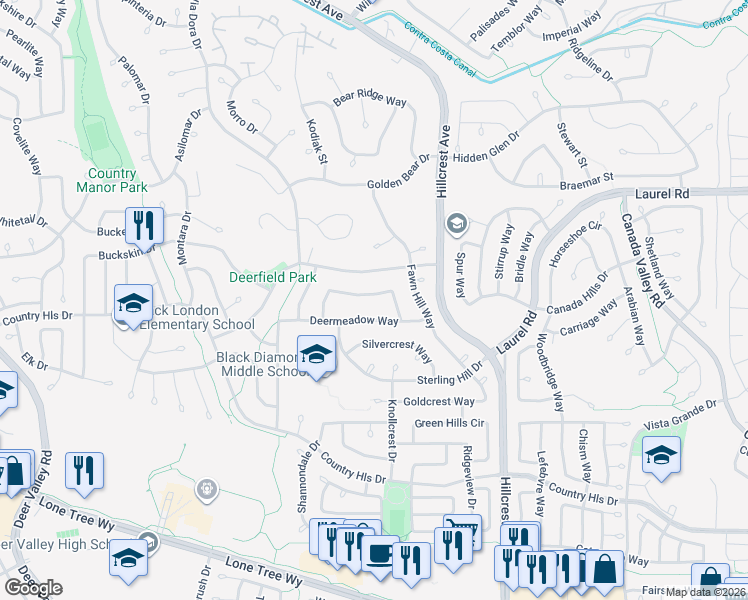 map of restaurants, bars, coffee shops, grocery stores, and more near 4612 Fieldcrest Way in Antioch