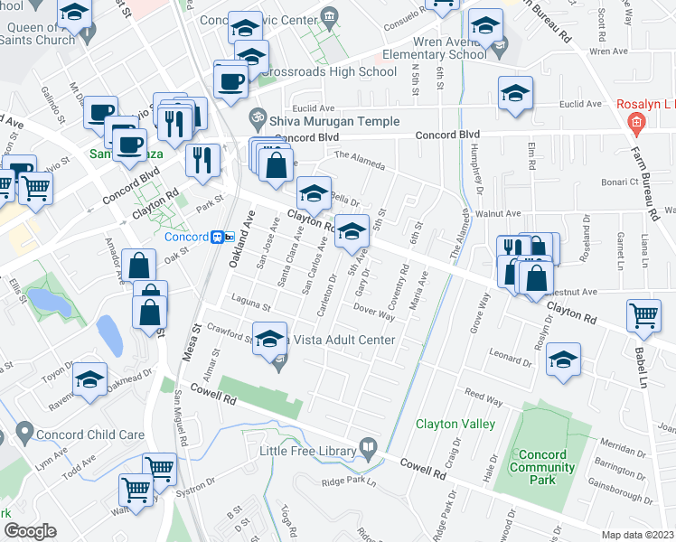 map of restaurants, bars, coffee shops, grocery stores, and more near 1462 Carleton Drive in Concord