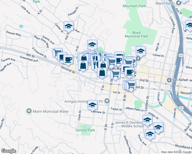 map of restaurants, bars, coffee shops, grocery stores, and more near 105 Shaver Street in San Rafael