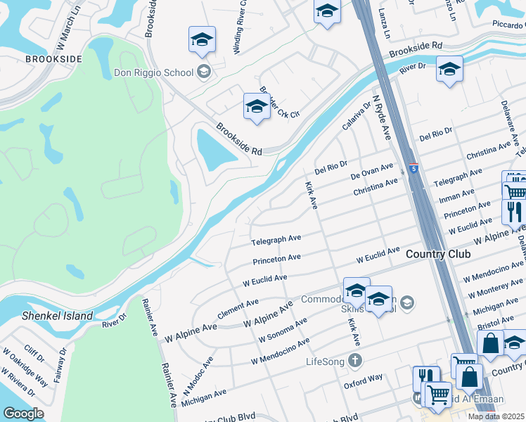 map of restaurants, bars, coffee shops, grocery stores, and more near 3221 De Ovan Avenue in Stockton