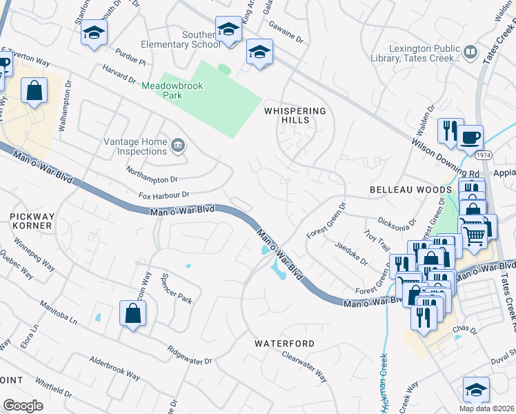 map of restaurants, bars, coffee shops, grocery stores, and more near 3851 Belleau Wood Drive in Lexington