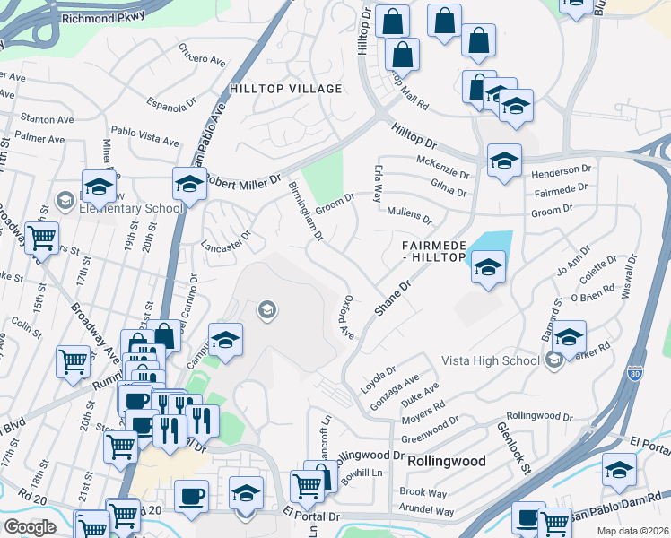 map of restaurants, bars, coffee shops, grocery stores, and more near 2865 Oxford Avenue in Richmond