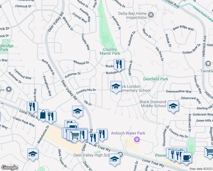 map of restaurants, bars, coffee shops, grocery stores, and more near 4532 Bison Way in Antioch