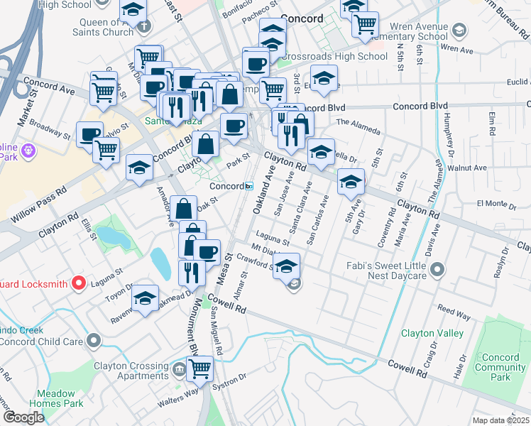 map of restaurants, bars, coffee shops, grocery stores, and more near 2741 Prospect Street in Concord
