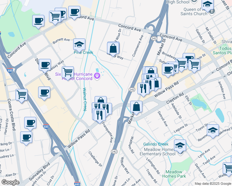 map of restaurants, bars, coffee shops, grocery stores, and more near 1485 Enea Cir in Concord