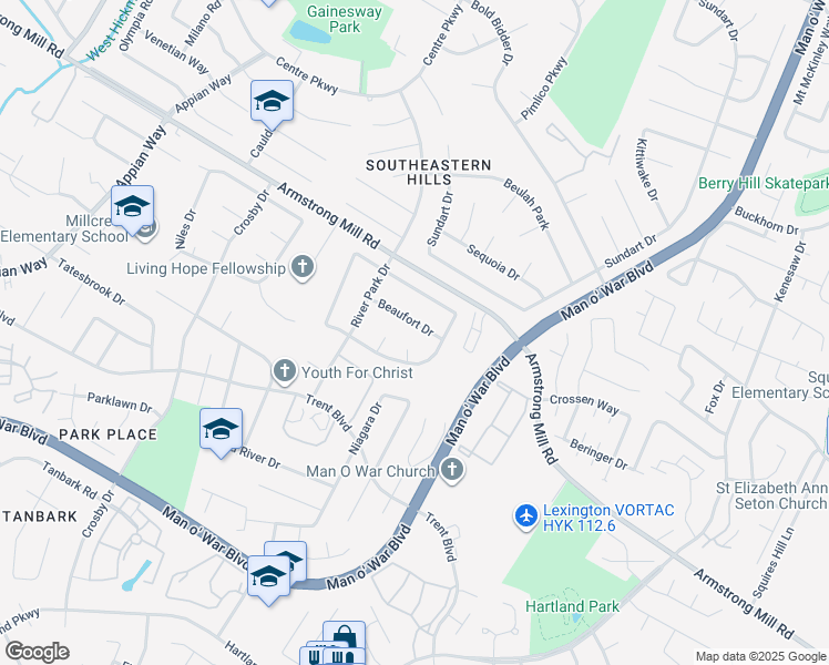 map of restaurants, bars, coffee shops, grocery stores, and more near 1434 Beaufort Drive in Lexington