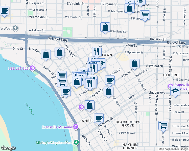 map of restaurants, bars, coffee shops, grocery stores, and more near 7 Northwest 5th Street in Evansville