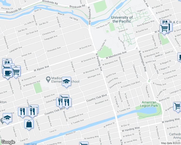 map of restaurants, bars, coffee shops, grocery stores, and more near 1508 West Monterey Avenue in Stockton