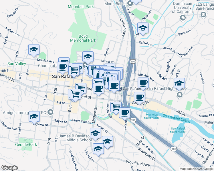 map of restaurants, bars, coffee shops, grocery stores, and more near 823 4th Street in San Rafael