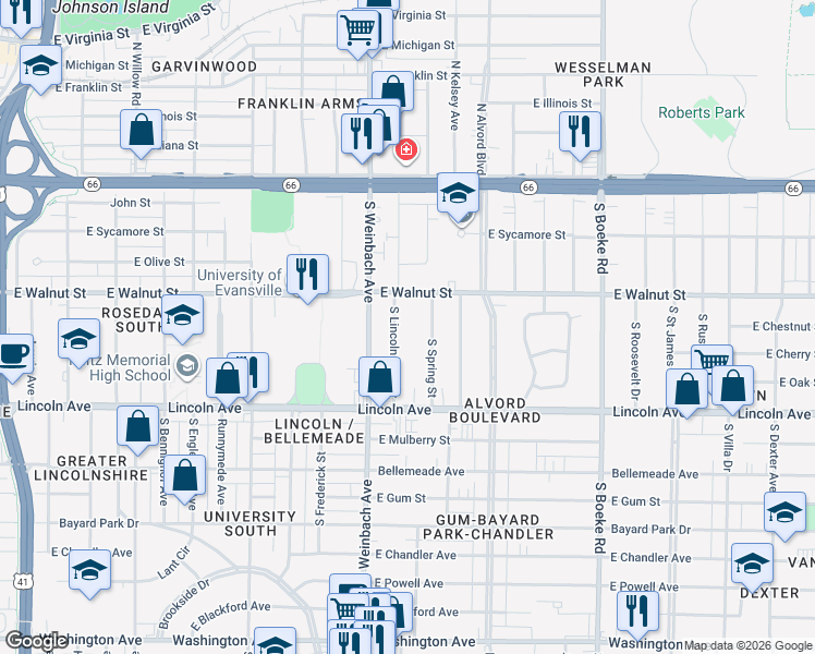 map of restaurants, bars, coffee shops, grocery stores, and more near 426 South Lincoln Park Drive in Evansville