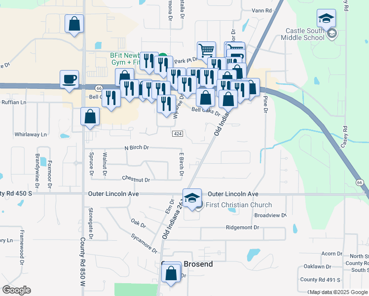 map of restaurants, bars, coffee shops, grocery stores, and more near 4266 East Birch Drive in Newburgh
