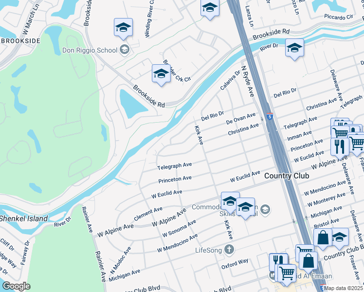 map of restaurants, bars, coffee shops, grocery stores, and more near 3112 De Ovan Avenue in Stockton