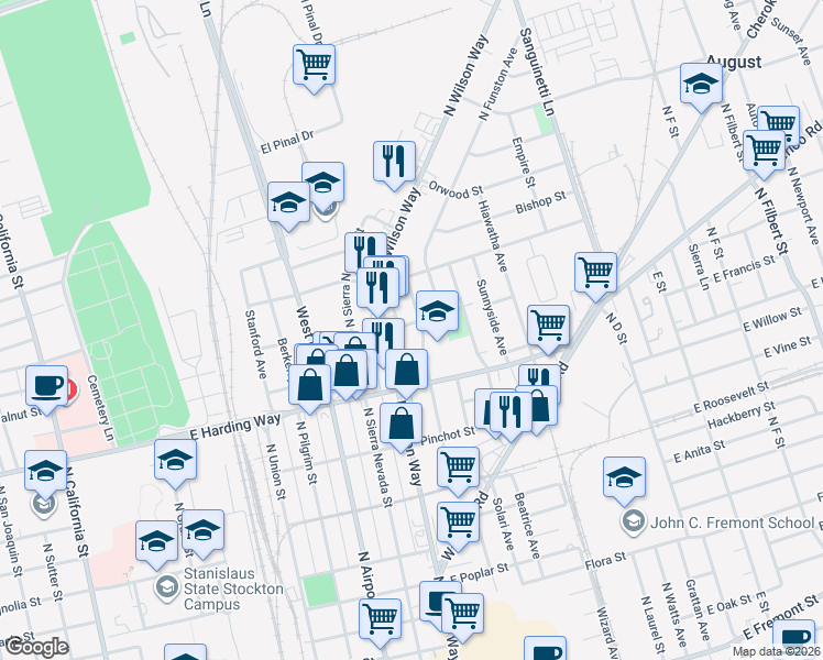 map of restaurants, bars, coffee shops, grocery stores, and more near 1542 Walnut Street in Stockton