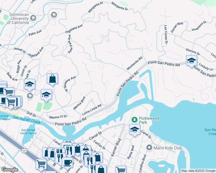 map of restaurants, bars, coffee shops, grocery stores, and more near 46 Montecito Road in San Rafael