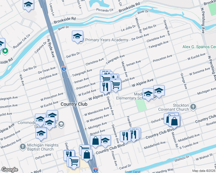map of restaurants, bars, coffee shops, grocery stores, and more near 3404 Delaware Avenue in Stockton