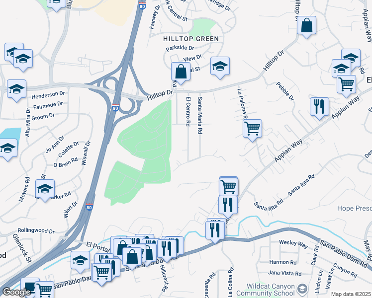 map of restaurants, bars, coffee shops, grocery stores, and more near 625 El Centro Road in El Sobrante