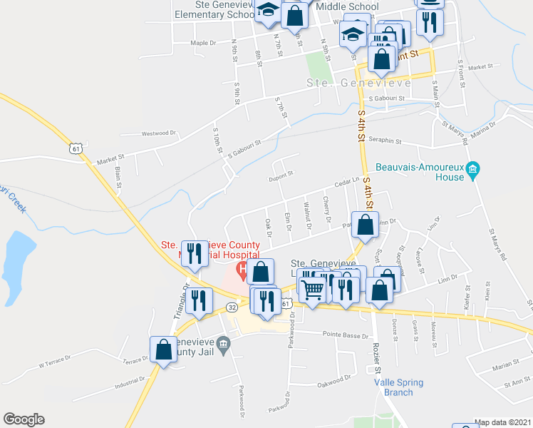 map of restaurants, bars, coffee shops, grocery stores, and more near 410 Oak Drive in Ste. Genevieve