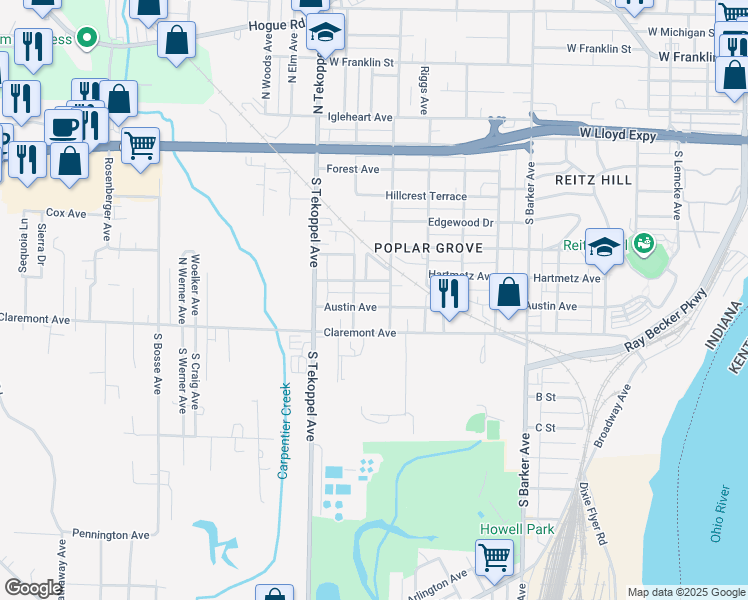 map of restaurants, bars, coffee shops, grocery stores, and more near 3311 Austin Ave in Evansville