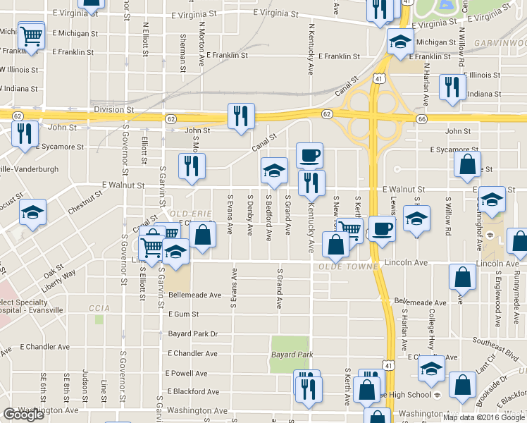 map of restaurants, bars, coffee shops, grocery stores, and more near 431 South Bedford Avenue in Evansville