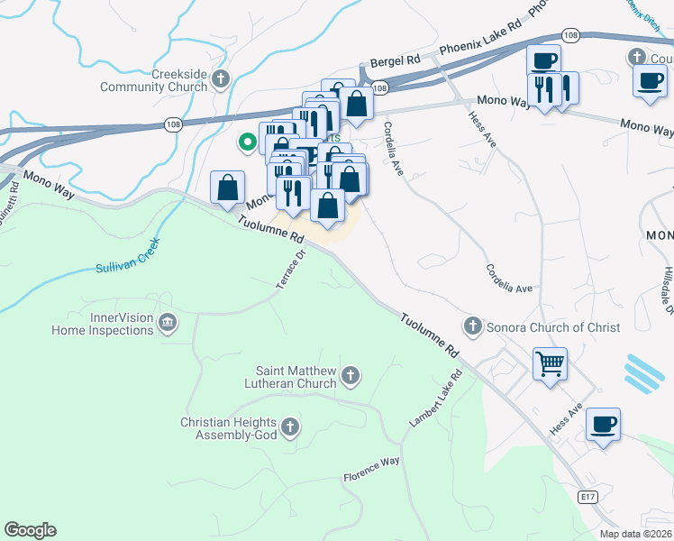 map of restaurants, bars, coffee shops, grocery stores, and more near 13889 Tuolumne Road in Sonora