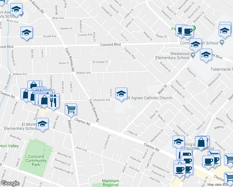 map of restaurants, bars, coffee shops, grocery stores, and more near 1615 Franrose Lane in Concord