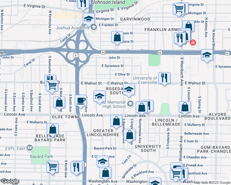 map of restaurants, bars, coffee shops, grocery stores, and more near 425 Lodge Avenue in Evansville