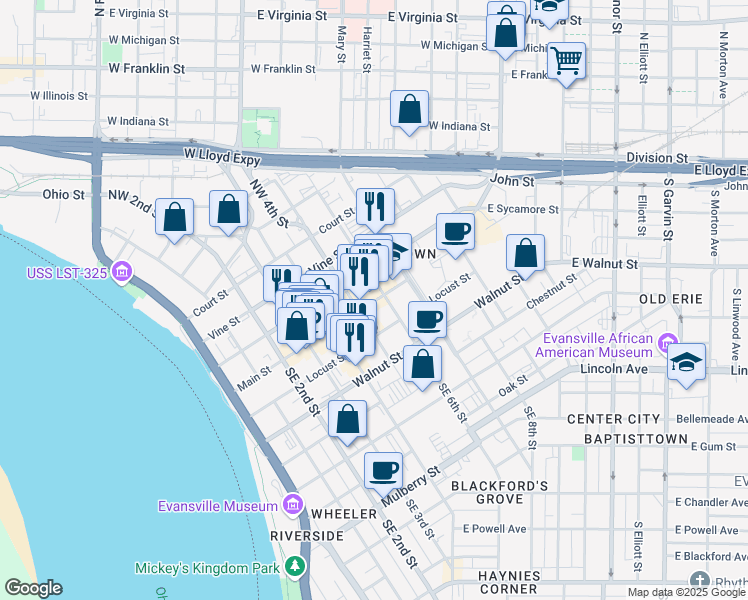 map of restaurants, bars, coffee shops, grocery stores, and more near 518 Main Street in Evansville