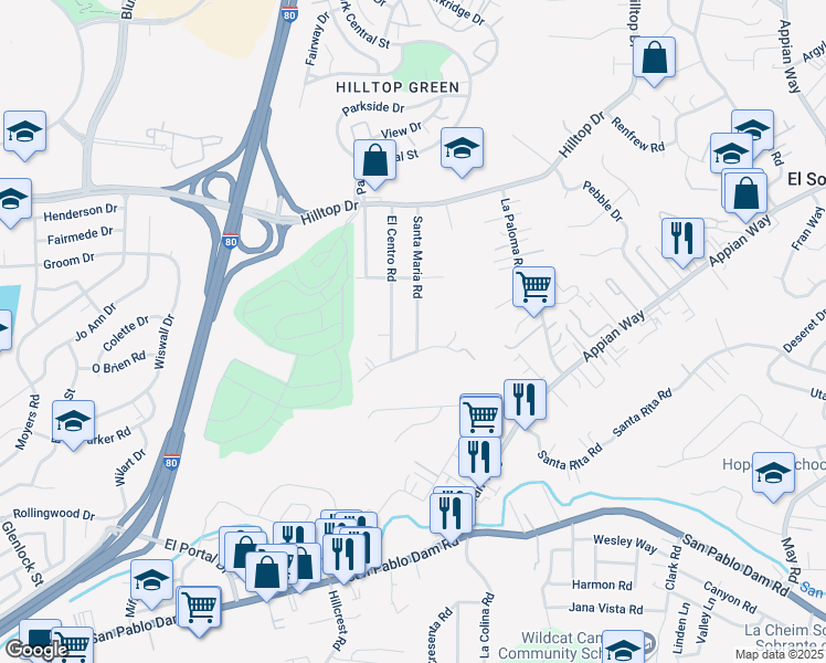 map of restaurants, bars, coffee shops, grocery stores, and more near 625 Santa Maria Road in El Sobrante