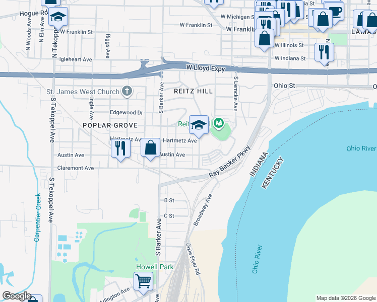 map of restaurants, bars, coffee shops, grocery stores, and more near 2719 Austin Avenue in Evansville