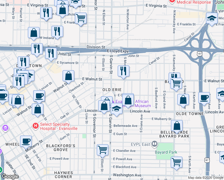 map of restaurants, bars, coffee shops, grocery stores, and more near 573 Canal Street in Evansville