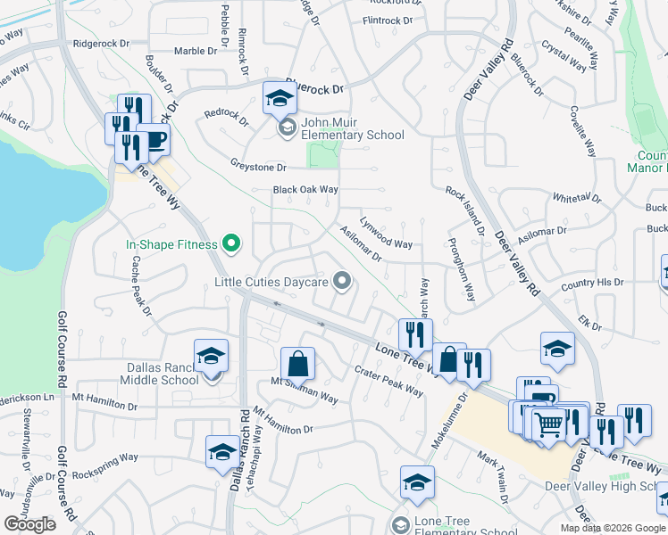 map of restaurants, bars, coffee shops, grocery stores, and more near 2032 Redbud Way in Antioch