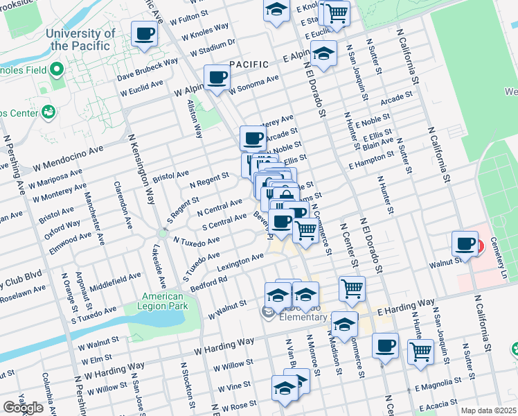 map of restaurants, bars, coffee shops, grocery stores, and more near 232 Central Court in Stockton