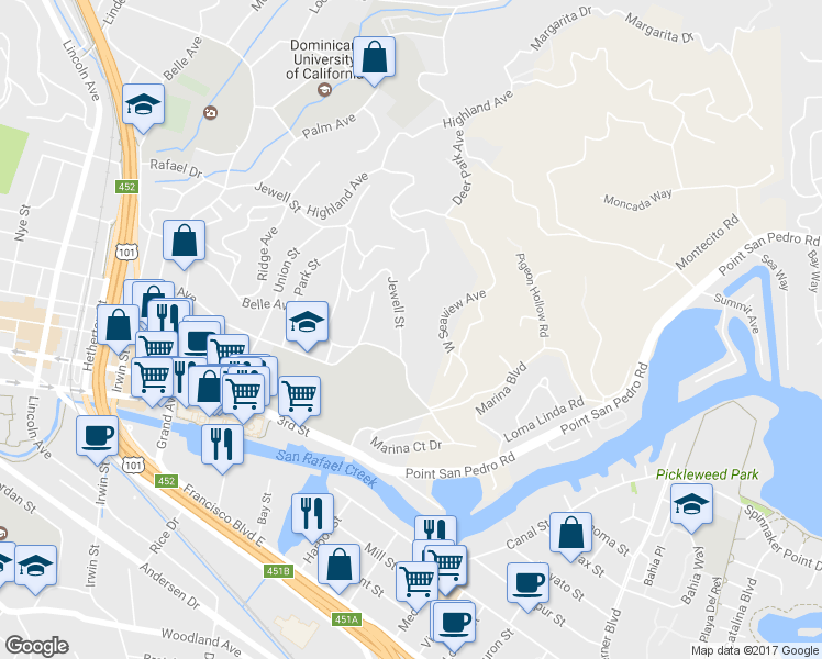 map of restaurants, bars, coffee shops, grocery stores, and more near 24 Jewell Street in San Rafael
